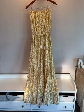 Girl and the Sun Yellow Leopard Print Strapless Wide Leg Jumpsuit Small Tassels